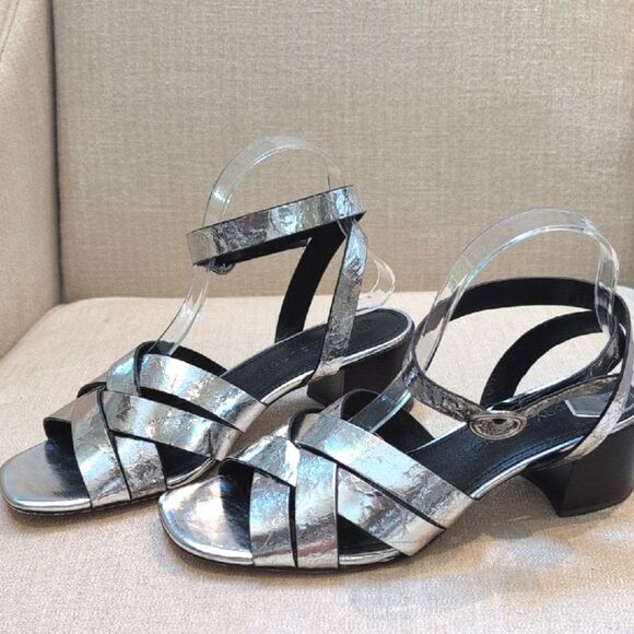 Tory Burch City Heel Sandals Silver Crackle Leather Size 9.5M - Picture 8 of 12